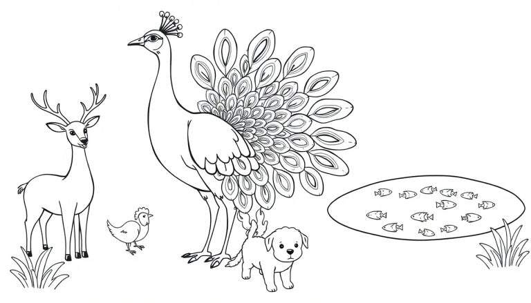 Kleurplaat met een grote pauw met uitgespreide staart, een hert met gewei, een kip, een hondje, een vijver met vissen en gras.