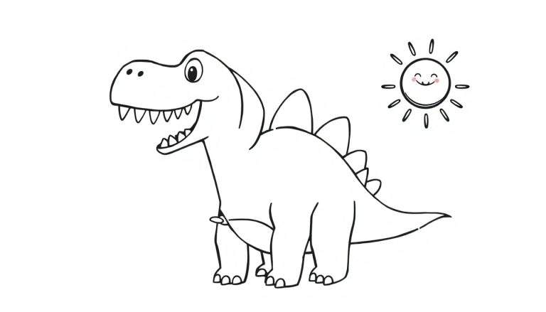 Kleurplaat van een vrolijke dinosaurus met een lachende zon erboven.