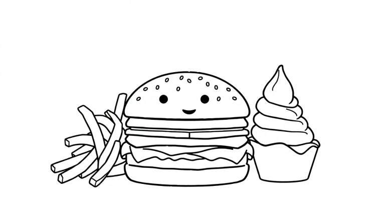 Zwart-wit lijntekening van een vrolijke cartoon hamburger met sesamzaadjes, frietjes links en een dessert met slagroom rechts, klaar om ingekleurd te worden.