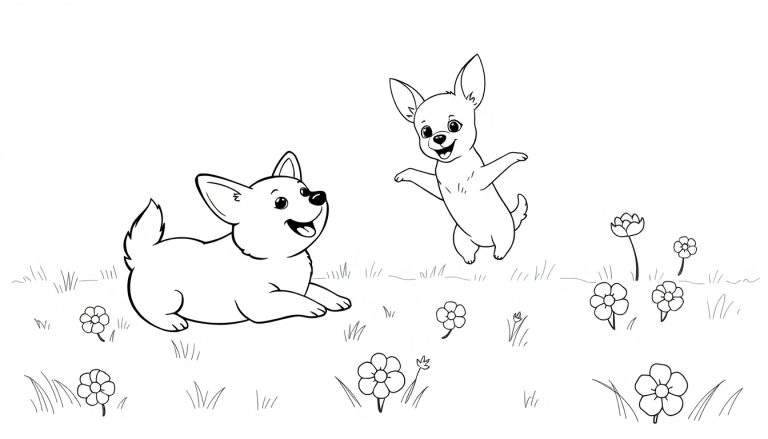 Kleurplaat van twee lachende honden, een liggende hond en een dansende hond, omringd door gras en bloemen.