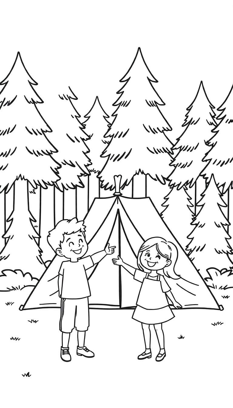 Zwart-wit lijntekening van een kampeerscene met een jongen en een meisje die lachen voor een tent in een bos van dennenbomen.