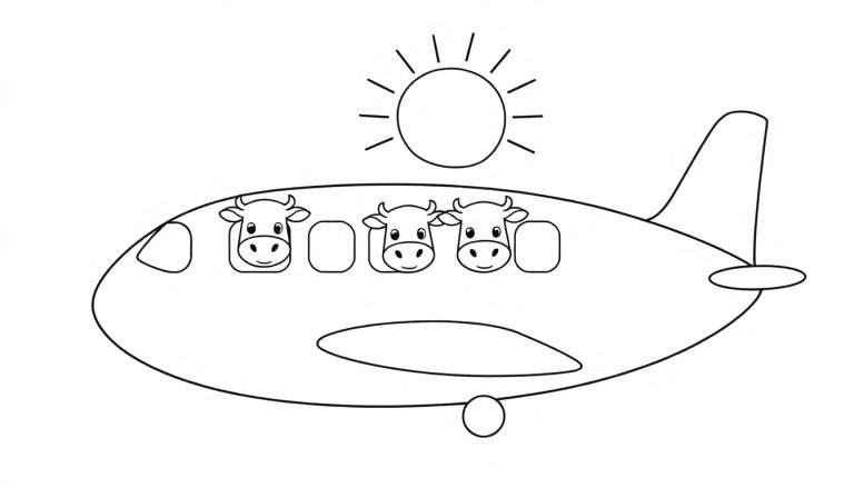 Kleurplaat van een vliegtuig met drie lachende koeien bij de ramen, onder een zonnetje.