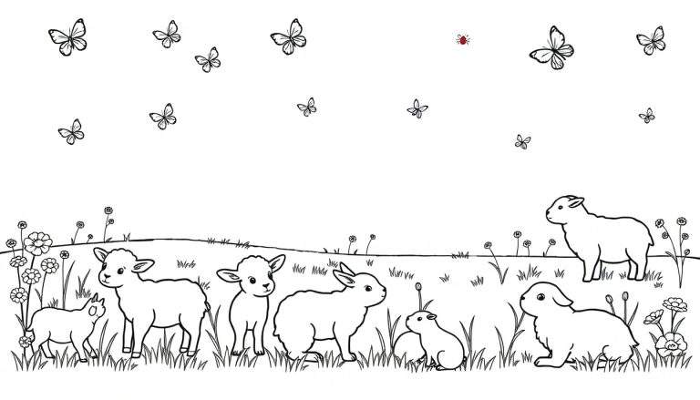 Een zwart-wit tekening van een weide met lammetjes, konijntjes, bloemen en vlinders, klaar om gekleurd te worden.