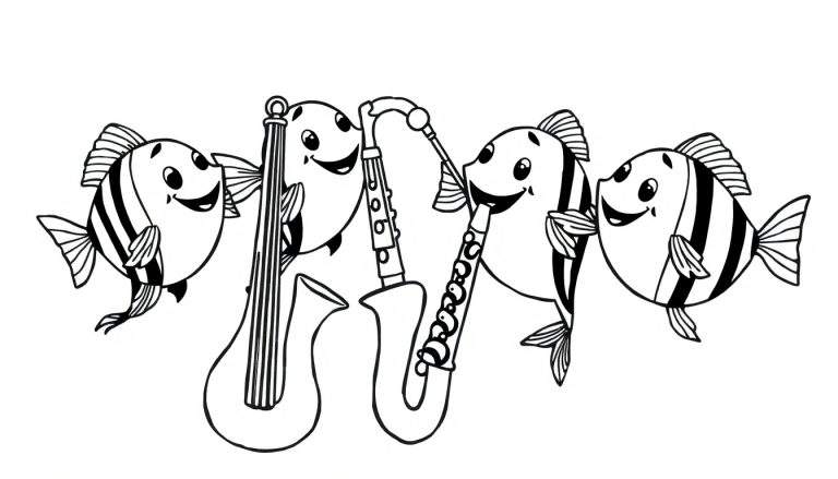 Zwart-witte kleurplaat van vier schattige, gestreepte vissen die een band vormen en muziek maken.