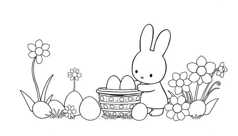 Zwart-wit lijntekening van een lief konijntje dat een mandje met paaseitjes vasthoudt, met bloemen, bladeren en nog meer paaseitjes op de grond.