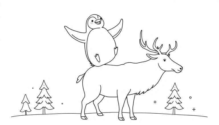 Kleurplaat met een lachende pinguïn met roze wangetjes die op de rug van een rendier met gewei staat, in een winterlandschap met kerstbomen en sneeuwvlokken.