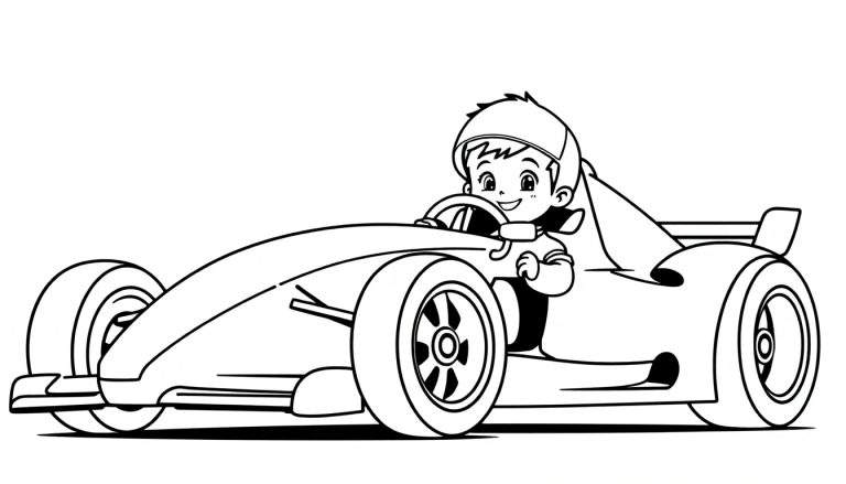 Kleurplaat van een jongetje in een raceauto met een grote glimlach.