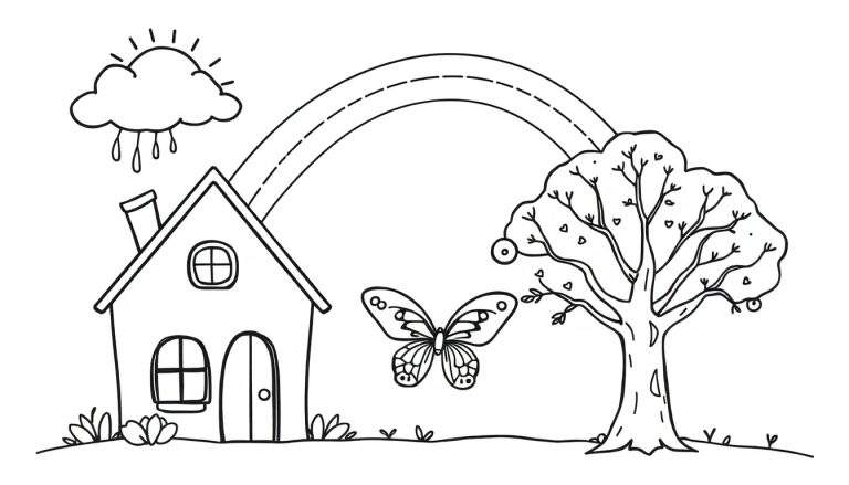 Zwart-wit kleurplaat van een vrolijk landschap met een huisje, zon, regenboog, vlinder en boom.