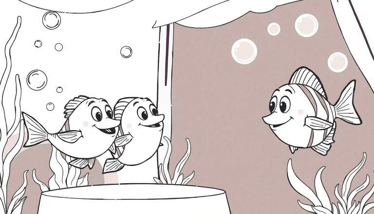 Kleurplaat met drie lachende vissen, onderwater planten en luchtbellen, verdeeld in twee compartimenten.