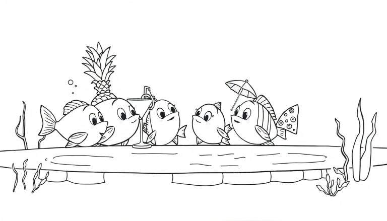Zwart-wit kleurplaat met vijf lachende cartoonvissen die op een houten balk leunen, met een ananas, cocktail en parasol, omringd door zeewier en belletjes.