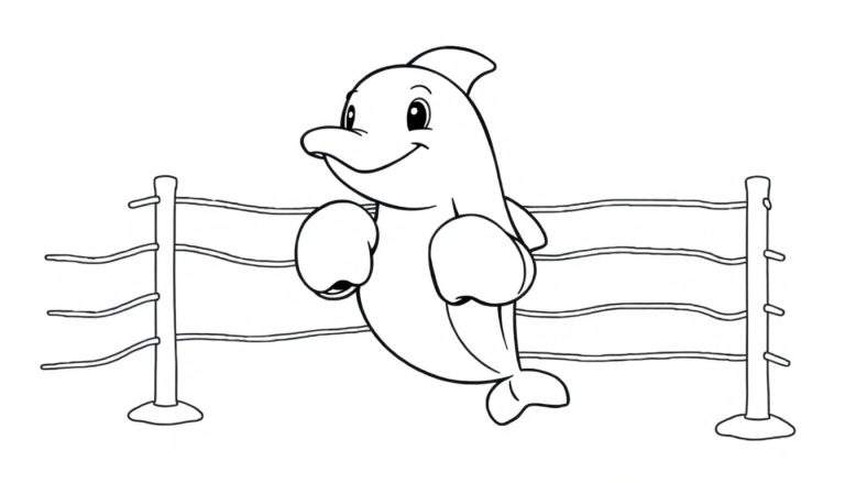 Zwart-wit tekening van een lachende dolfijn die over een hekje springt, klaar om ingekleurd te worden.