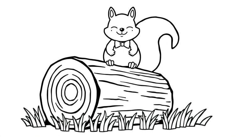 Een zwart-wit tekening van een lachende eekhoorn met gesloten ogen en een vlinderdasje, zittend op een boomstam met zichtbare jaarringen en omringd door gras.