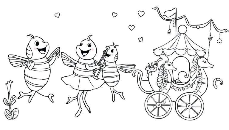 Een zwart-wit kleurplaat met drie dansende bijtjes aan de linkerkant en een versierd rijtuig met drie muzikale zeepaardjes aan de rechterkant, met zwevende hartjes en sterren erboven.