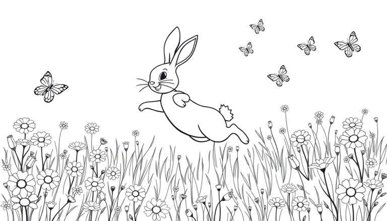 Zwart-wit tekening van een lachend konijn dat springt in een veld vol bloemen en vlinders, ideaal als kleurplaat.