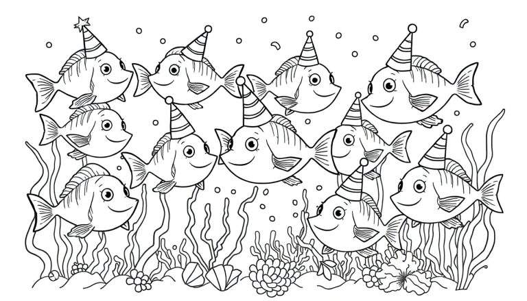 Een lijntekening van elf lachende vissen met feesthoedjes in een onderwaterwereld met planten, schelpen en bubbels.