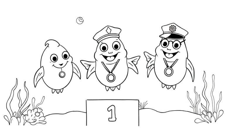 Kleurplaat van drie lachende visachtige wezens met medailles en petten in een onderwateromgeving met zeewier en een krab.