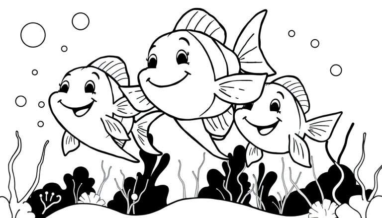 Zwart-witte lijntekening van een vrolijke onderwaterwereld met drie lachende vissen, luchtbellen en planten, klaar om gekleurd te worden.