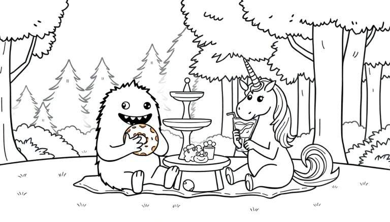 Zwart-wit kleurplaat van een pluizig wezentje en een eenhoorn die picknicken in een bos, met lekkernijen op tafel.