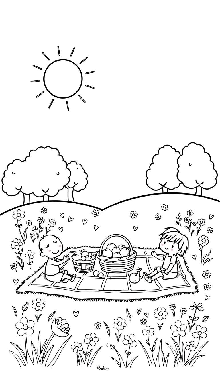 Kleurplaat van een picknick in de natuur met zon, heuvels, bomen, een geruit kleed met twee kinderen, picknickmanden met appels en bloemen.