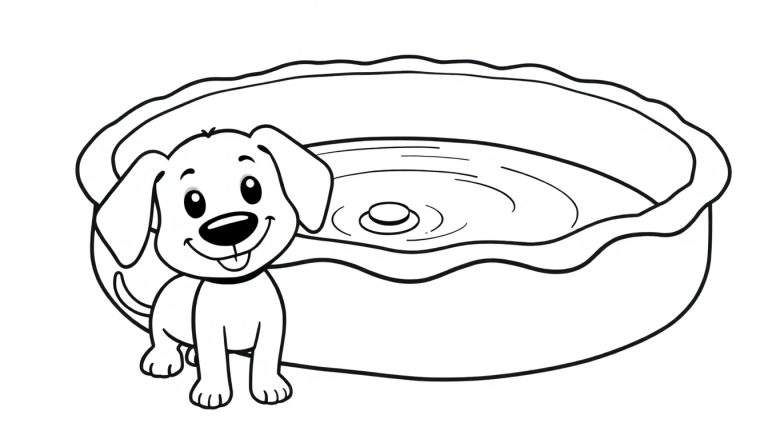 Zwart-wit tekening van een lachende puppy met hangoren bij een waterbak met rimpelingen.
