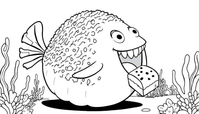 Kleurplaat van een grote, ronde, lachende vis die een stuk taart eet, met zeewier en koraal op de zeebodem.