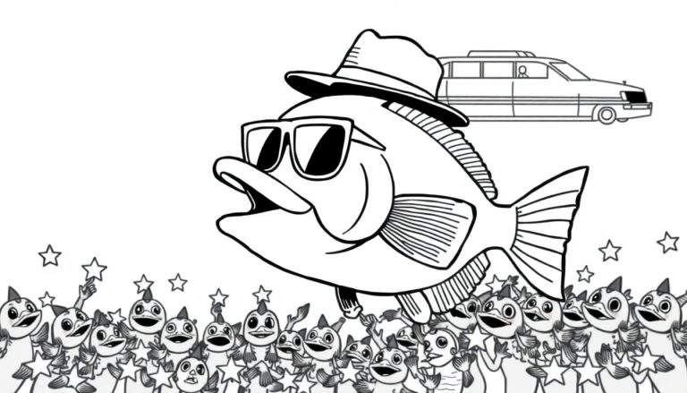 Kleurplaat van een grote vis met zonnebril en hoed die zingt, omringd door kleine, juichende wezentjes die sterren vasthouden. Op de achtergrond een limousine.