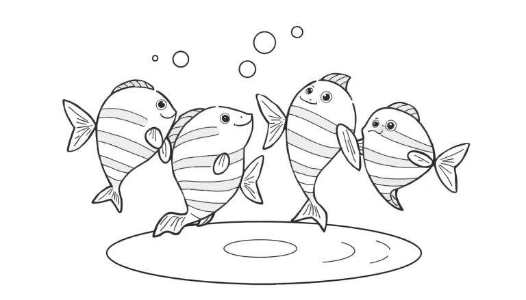 Kleurplaat van vier lachende vissen met strepen, drijvend in water met luchtbellen.