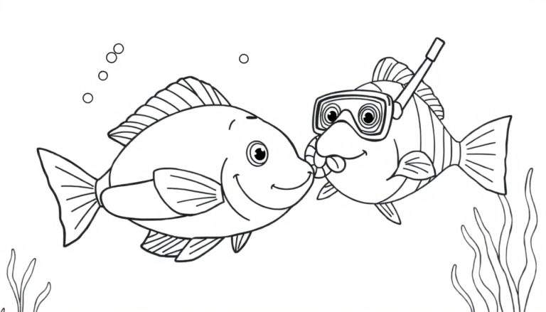 Kleurplaat van twee vrolijke tekenfilmvissen onder water, één met snorkel en duikbril die een kusje geeft, de ander lachend. Bellen en waterplanten zijn ook te zien.