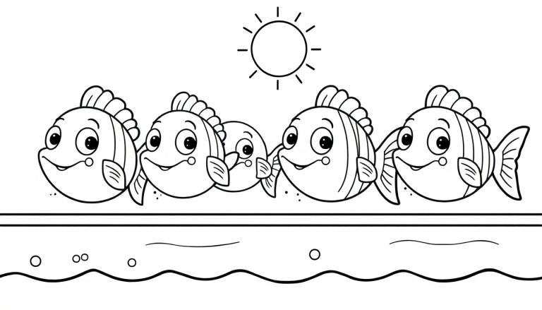 Kleurplaat met vijf lachende cartoonvissen met strepen, een zon met stralen erboven en een waterige ondergrond met bubbels.