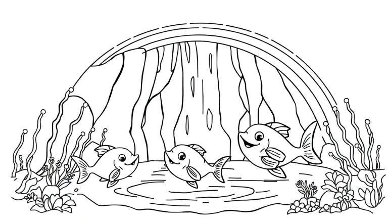 Een zwart-wit lijntekening van drie lachende vissen die zwemmen onder een overhangende rotsformatie in een onderwaterlandschap vol waterplanten en kiezels.