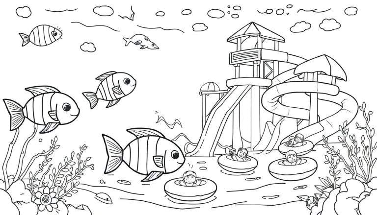 Een zwart-wit tekening van een waterpark met glijbanen en kinderen, naast een onderwaterwereld met lachende vissen, waterplanten en bubbels.