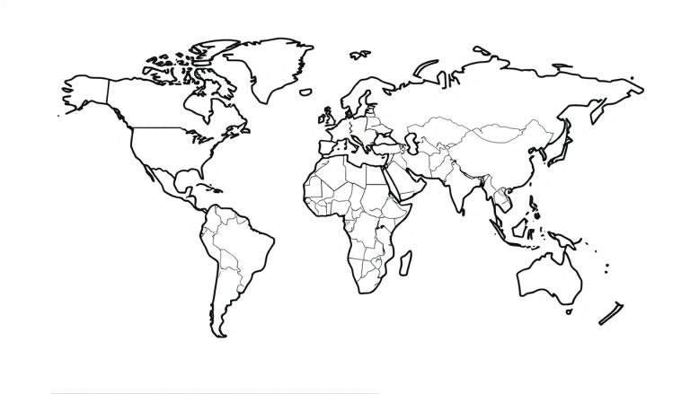 Een zwarte omtrek van een wereldkaart op een witte achtergrond, met alle continenten en landsgrenzen zichtbaar, klaar om ingekleurd te worden.