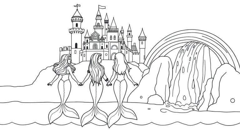 Zwart-witte kleurplaat van een sprookjesachtig tafereel met drie zeemeerminnen, een kasteel, een waterval en een regenboog.