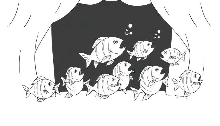 Zwart-wit kleurplaat van tien cartoonvissen die zingen op een podium met gordijnen, muzieknoten en bellen.