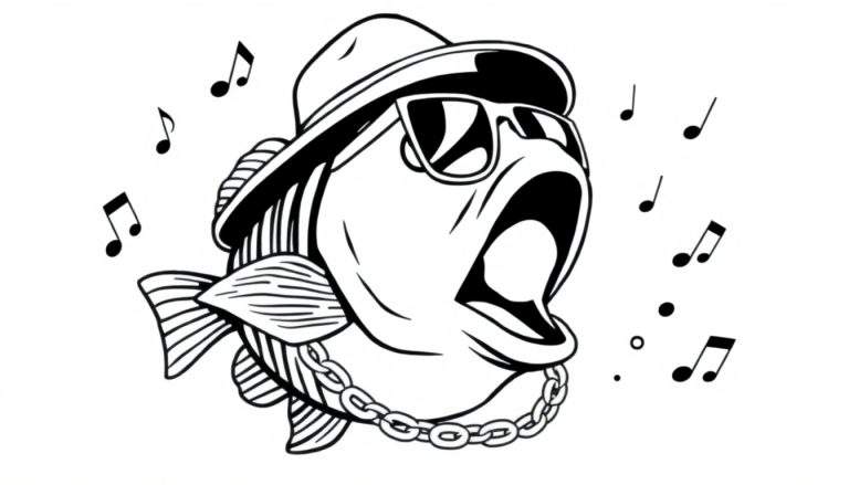 Kleurplaat van een gestileerde vis die zingt, met een fedora hoed, zonnebril en schakelketting, omringd door muzieknoten.