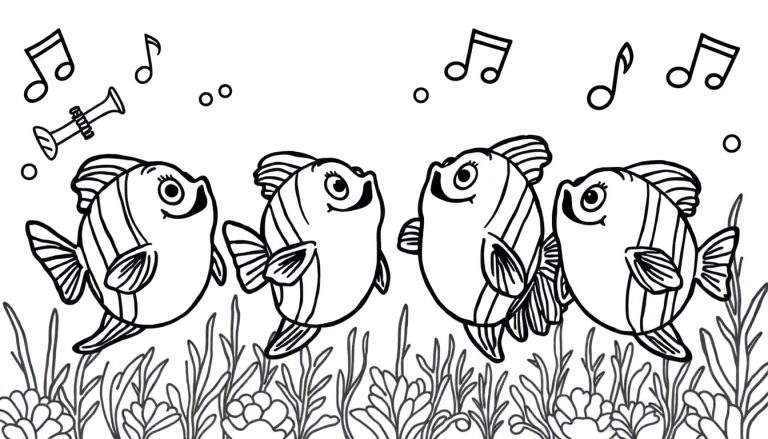 Kleurplaat van vier ronde, gestreepte vissen die omhoog kijken en zingen, met muzieknoten, luchtbellen en een trompet erboven. Onder hen bevinden zich waterplanten en koralen in een onderwaterscène.
