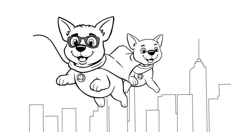 Zwart-wit lijntekening van twee lachende honden verkleed als superhelden die door de lucht vliegen boven een stad.