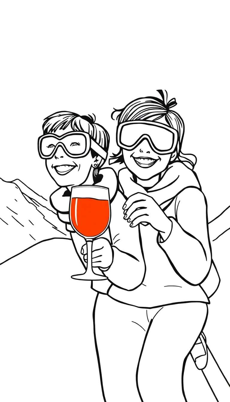 Kleurplaat van twee lachende vrouwen met skibrillen, een met een glas rode wijn, op een winterse bergachtergrond.