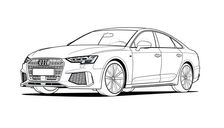Lijntekening van een Audi sedan in driekwart vooraanzicht, zwart-wit schets met gedetailleerde grille en wielen, op een witte achtergrond.