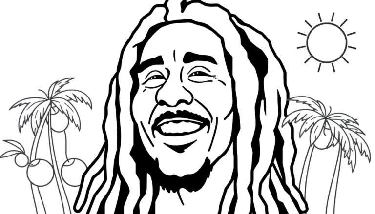 Kleurplaat van Bob Marley met een brede lach, omringd door palmbomen en een zon, die een tropische sfeer uitstraalt.