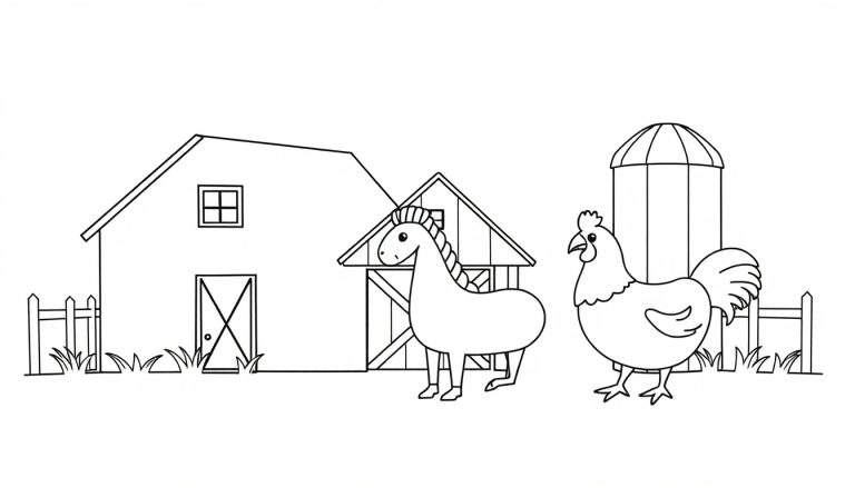 Zwart-wit lijntekening van een boerderijtafereel met een schuur, stal, silo, paard en kip, klaar om ingekleurd te worden.