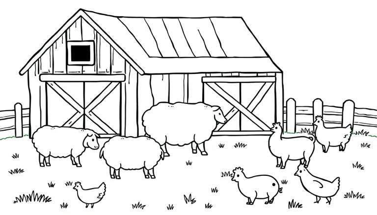 Zwart-wit kleurplaat van een boerderij met schuur, drie schapen en vier kippen.