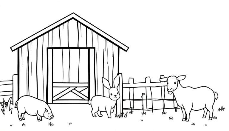 Een zwart-wit lijntekening van een boerderij met een schuur, een varken dat in het gras woelt, een konijn bij een hek en een schaap.