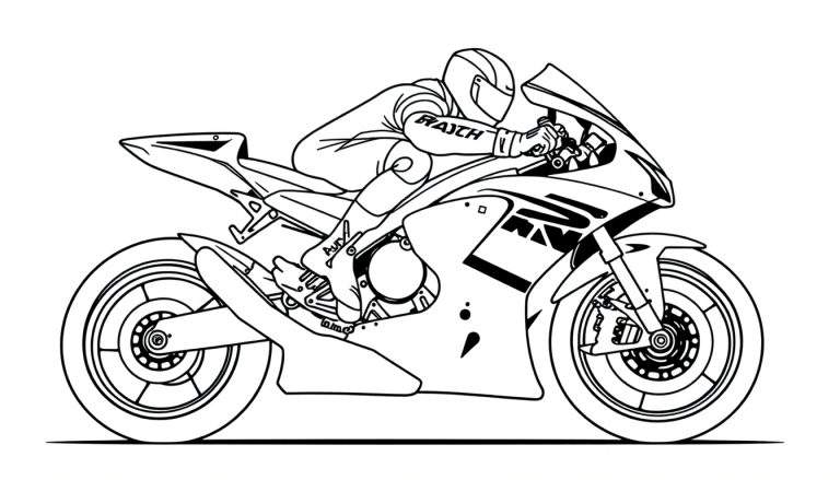 Zwart-wit kleurplaat van een sportmotor met een coureur in actie.