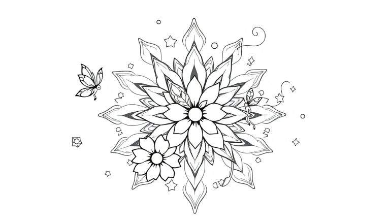 Gedetailleerde lijntekening van een centrale, complexe bloem in mandala-stijl, met een kleinere bloem links, een zwevende vlinder bovenaan links, een elfje op een bloemblaadje bovenaan rechts, en diverse decoratieve sterren, cirkels en geometrische vormen verspreid.