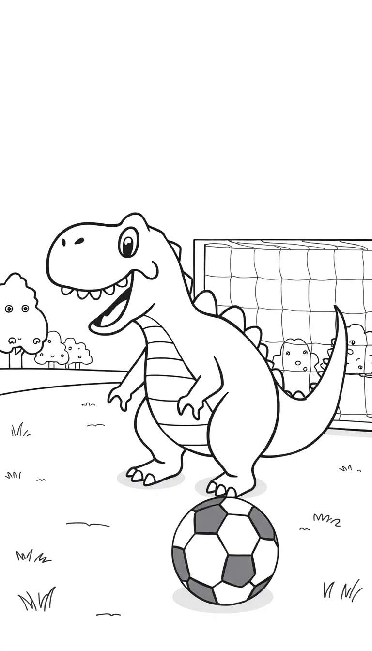 Kleurplaat van een lachende cartoon dinosaurus met een voetbal voor zich, bij een voetbaldoel in een park.