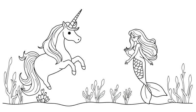Zwart-wit lijntekening van een steigerende eenhoorn en een zeemeermin in een onderwateromgeving, ideaal om in te kleuren.