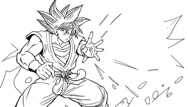 Lijntekening van Goku in Super Saiyan-vorm, met stekelig geel haar, die een energieaanval oplaadt. Omringd door dynamische lijnen en effecten.