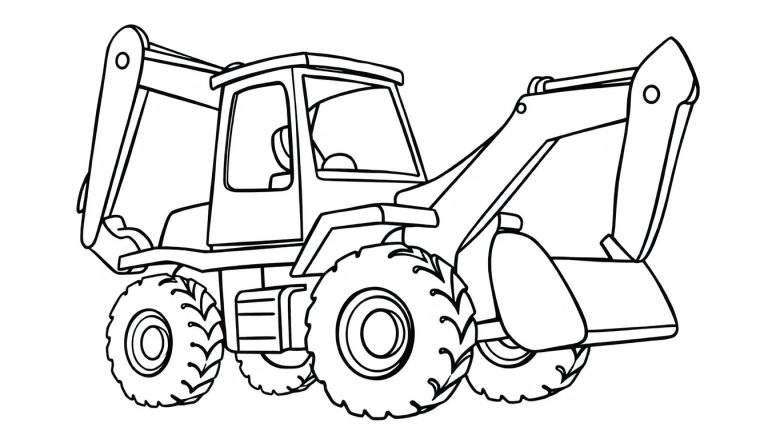 Zwart-witte lijntekening van een cartooneske graaflader met laadbak aan de voorkant en graafarm aan de achterkant, klaar om ingekleurd te worden.