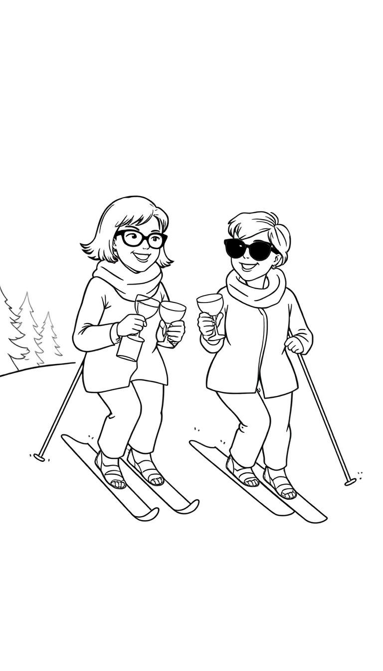 Zwart-wit kleurplaat van twee vrolijke vrouwen die skiën, met winterkleding, ski's, skistokken en sandalen. De ene vrouw heeft een bril en twee wijnglazen, de ander een zonnebril en één wijnglas. Ze glimlachen en proosten.